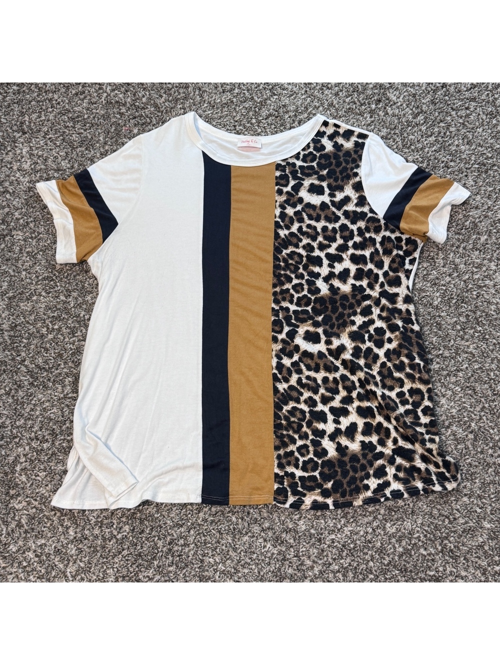 Haley & Co 2X Leopard Colorblock Top White Tan Black Short Sleeve
